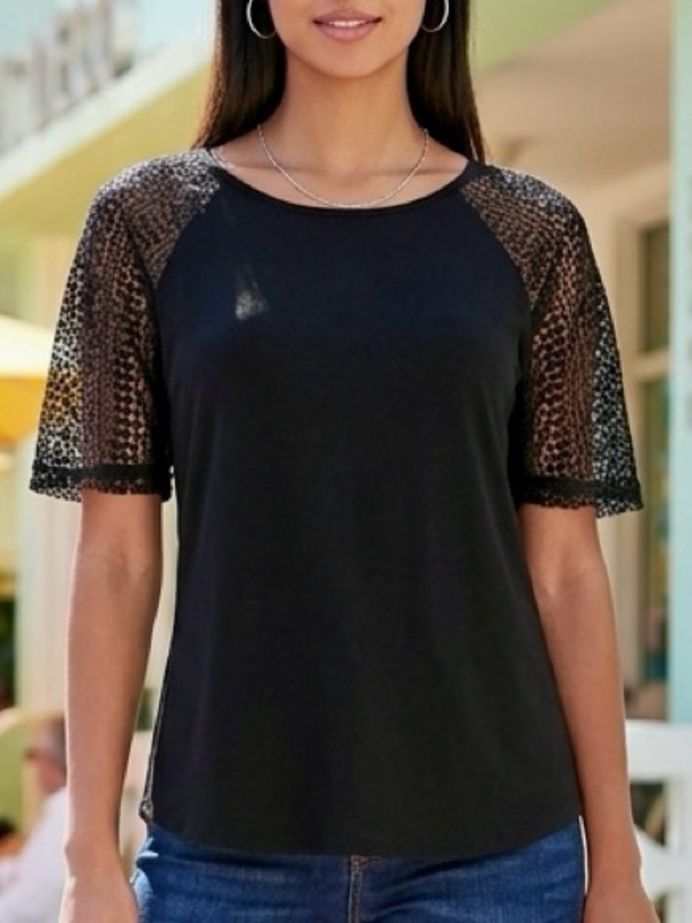 Halogen Black Lace Sleeve Knit Top
